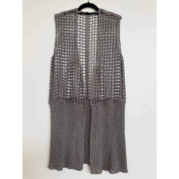 Aviu Metallic Silver Mesh Crochet Vest Duster Cardigan - Picture 1 of 9